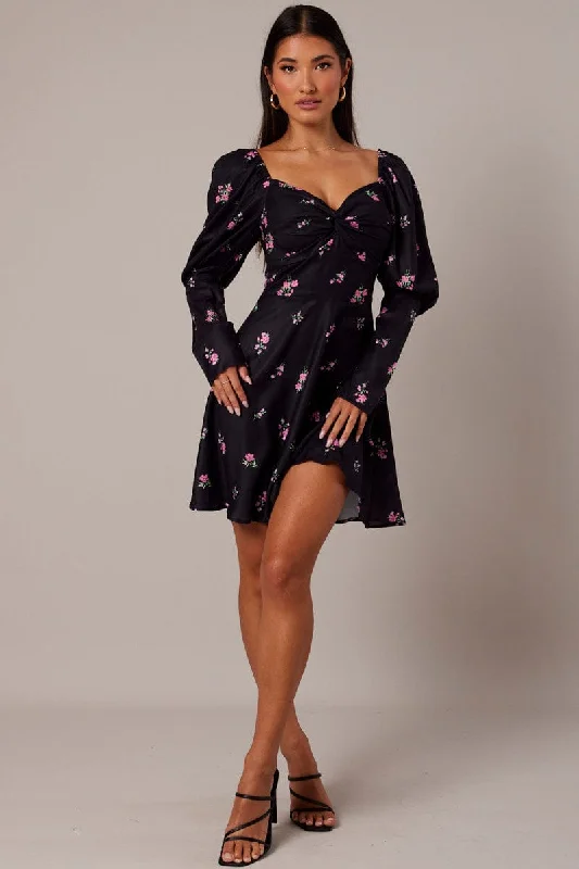 Black Floral Skater Dress Puff Sleeve Dress Swishy