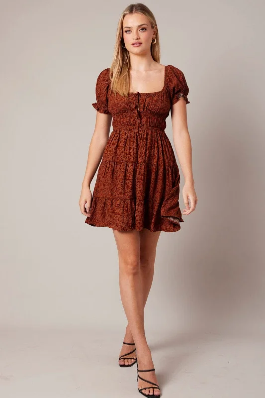 Brown Geo Fit And Flare Dress Puff Sleeve Mini