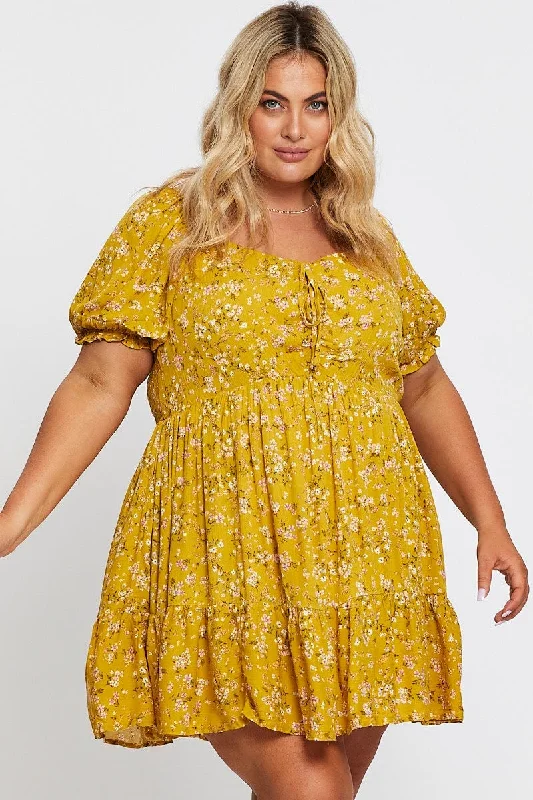 Ditsy Print Short Puff Sleeve Mustard Floral Dress