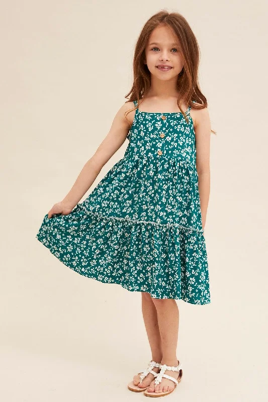 Green Ditsy Kids Sleeveless Button Front Floral Dress