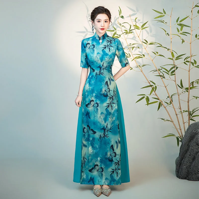 Half Sleeves Cheongsam Top Vietnamese Ao Dai Dress Floral Dress includes Loose Pants