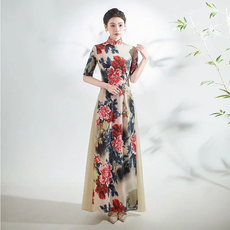 Half Sleeves Cheongsam Top Vietnamese Ao Dai Dress Floral Dress includes Loose Pants