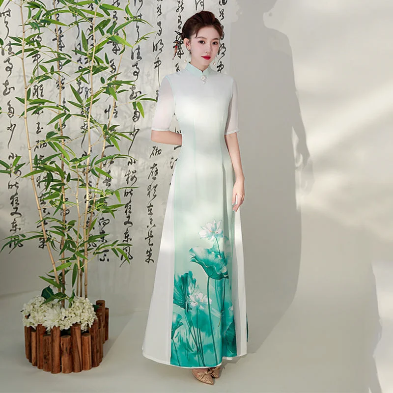 Half Sleeves Cheongsam Top Vietnamese Ao Dai Dress Floral Dress includes Loose Pants