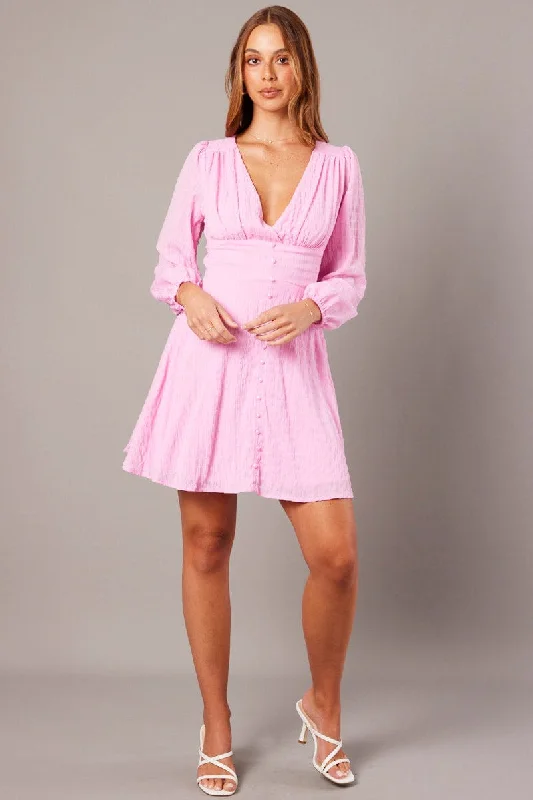 Pink Fit And Flare Dress Long Sleeve