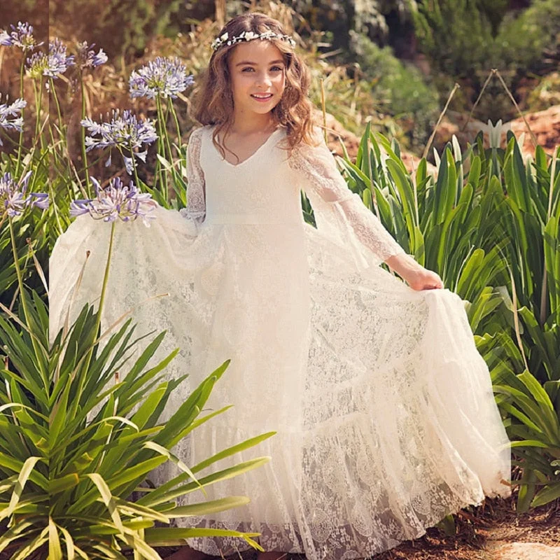 Princess Girls Lace Chiffon Long Dresses Kids Flower Girl Wedding Dress Summer Boho Birthday Party Wedding Dress For 2-14 Years