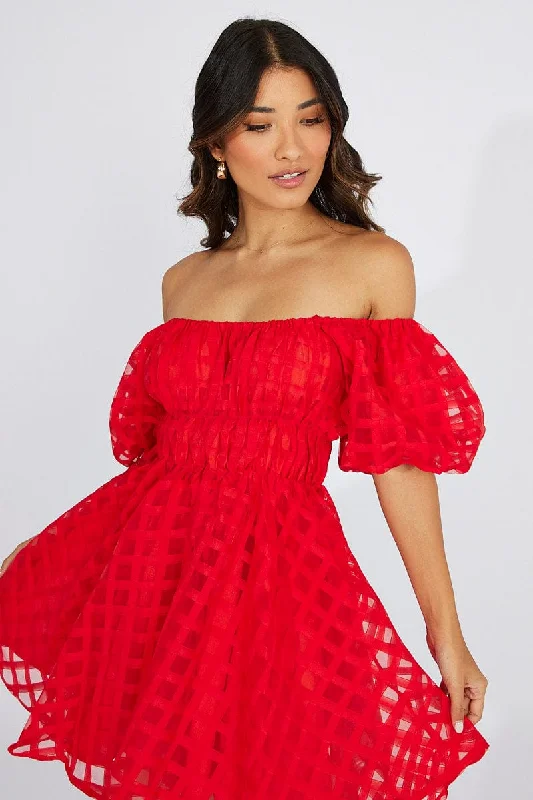 Red Fit And Flare Dress Puff Sleeve Mini