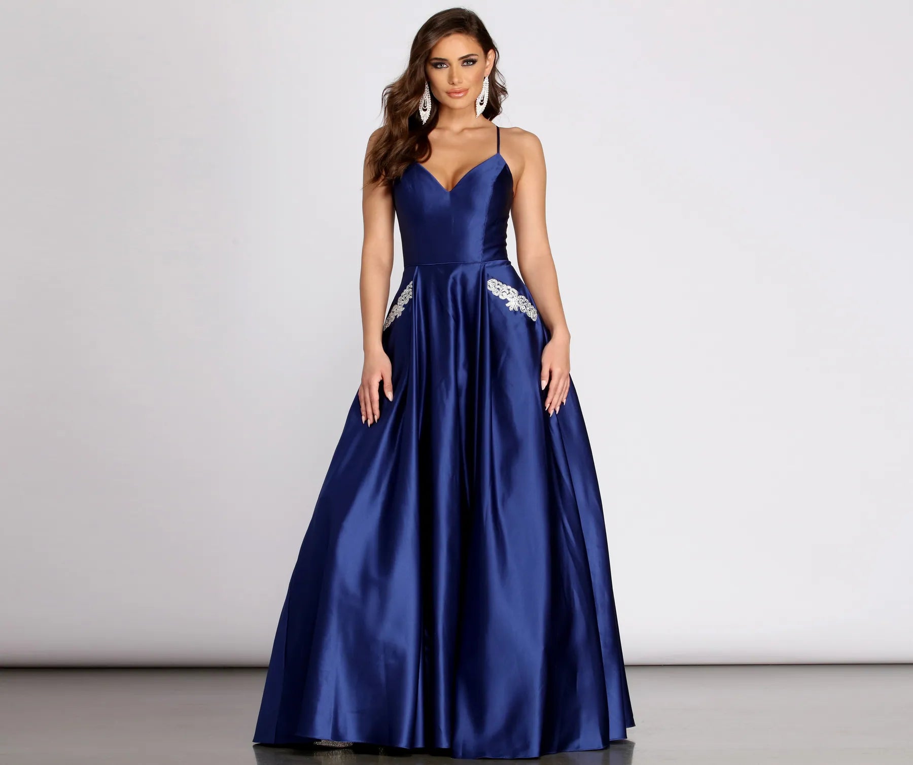 Rochella Satin Rhinestone Trim Ball Gown