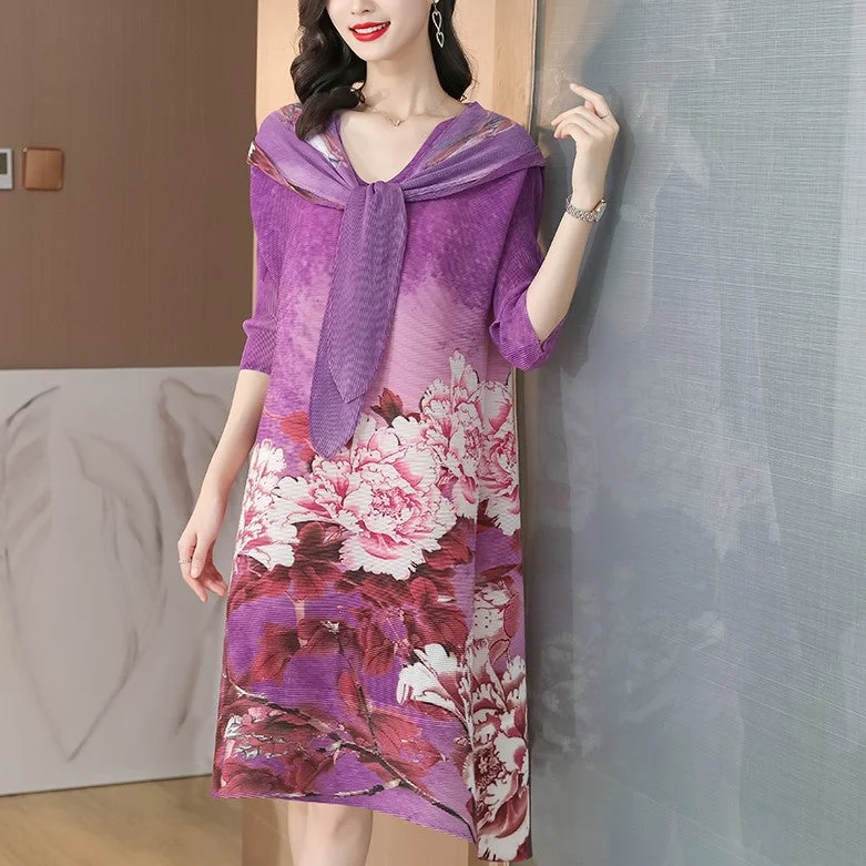 Round Neck Folded Floral Chinese Style Casual Dress with Neck Scarf & Hat