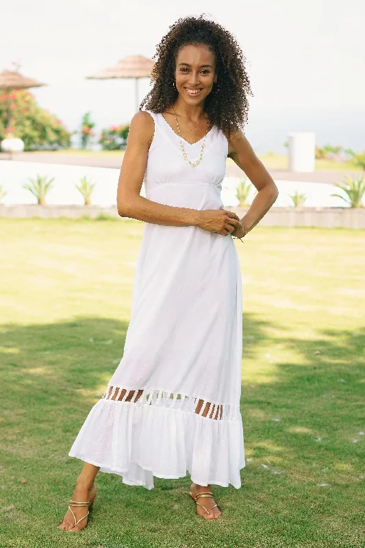 Soiree in White Hand Crafted White Cotton Sundress