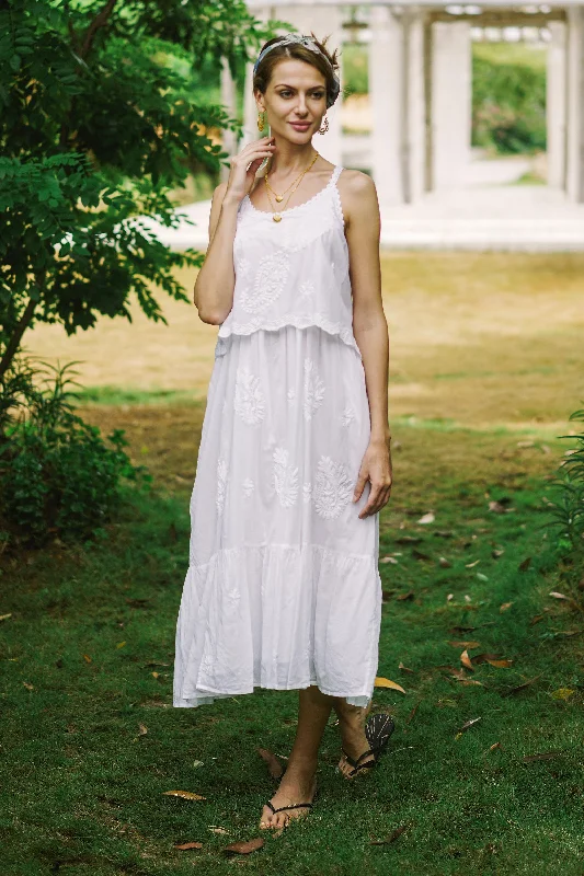 Summer Paisley in White White Embroidered Cotton Sundress with Spaghetti Straps