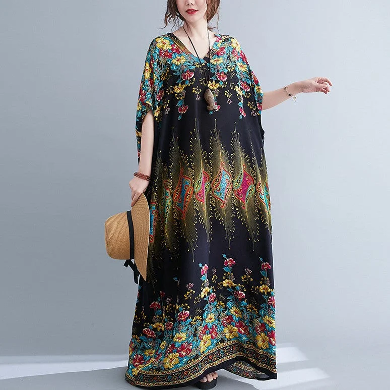 V Neck Floral Signature Cotton Robe Chinese Style Casual Dress Boho Dress