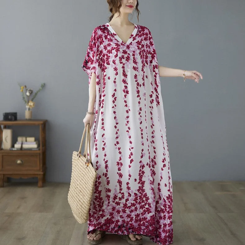 V Neck Floral Signature Cotton Robe Chinese Style Casual Dress Boho Dress