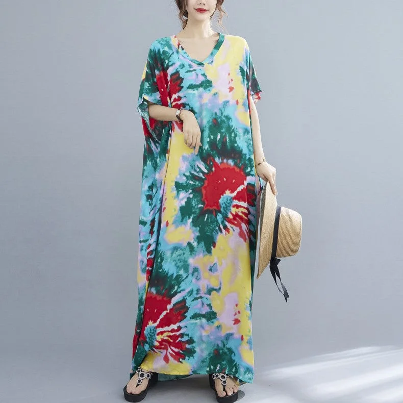 V Neck Floral Signature Cotton Robe Chinese Style Casual Dress Boho Dress