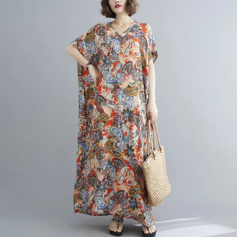 V Neck Floral Signature Cotton Robe Chinese Style Casual Dress Boho Dress