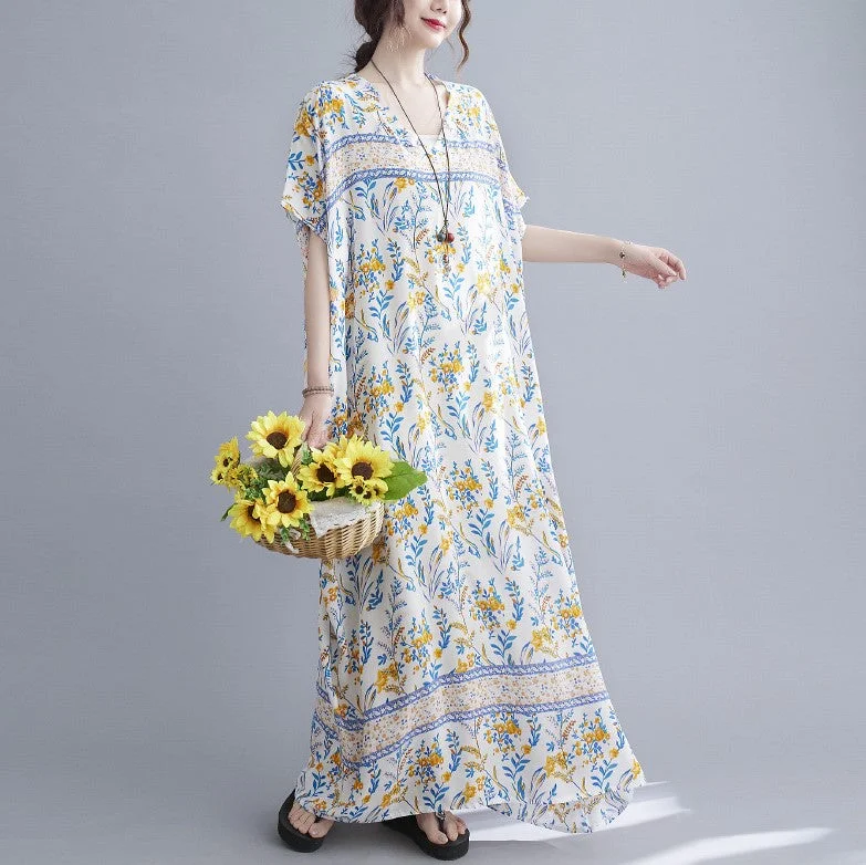 V Neck Floral Signature Cotton Robe Chinese Style Casual Dress Boho Dress