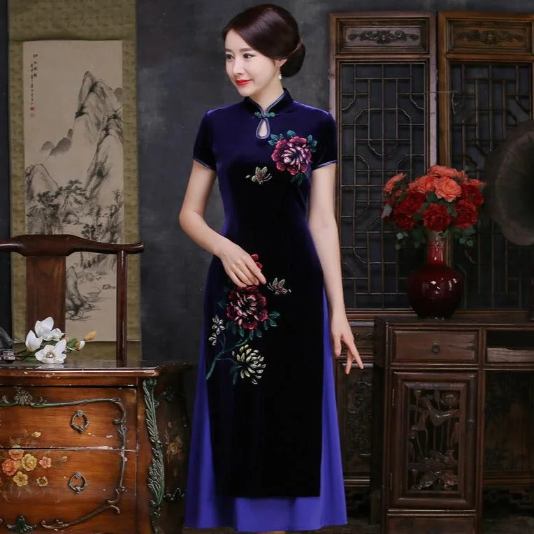 Velvet Cheongsam Top Tea Length Vietnam Ao Dai Floral Dress