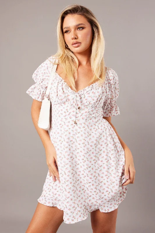 White Floral Fit And Flare Dress Puff Sleeve